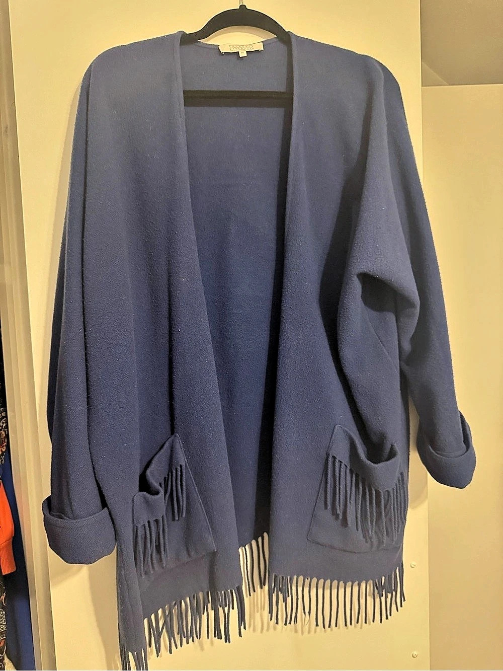 Laurence Tavernier Wool Cardigan Fringe Pockets Open Front Blue